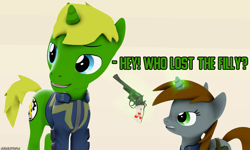 Size: 1801x1080 | Tagged: safe, artist:arcanetesla, derpibooru import, oc, oc only, oc:arcane tesla, oc:littlepip, pony, unicorn, fallout equestria, clothes, female, male, mare, meme, size difference, stallion, this will end in death, vault suit