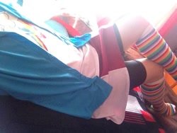 Size: 640x480 | Tagged: safe, derpibooru import, photographer:mr.sparkle, rainbow dash, human, bike shorts, clothes, cosplay, costume, crossdressing, crossplay, cutie mark, irl, irl human, legs, photo, rainbow socks, skirt, socks, solo, stocking feet, striped socks