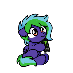 Size: 1000x1000 | Tagged: safe, artist:sugar morning, derpibooru import, part of a set, oc, oc only, oc:weldbead, pegasus, pony, :3, animated, chibi, cute, daaaaaaaaaaaw, drinking, energy drink, female, frame by frame, gif, hoof hold, mare, monster energy, ocbetes, simple background, sitting, solo, sugar morning's snacc and drincc, transparent background