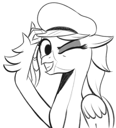 Size: 657x722 | Tagged: safe, artist:cosmonaut, derpibooru import, oc, oc:posada, classical hippogriff, hippogriff, /mlp/, cute, female, hat, monochrome, one eye closed, quadrupedal, sketch, solo, wink