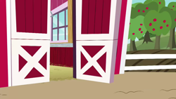 Size: 1280x720 | Tagged: safe, derpibooru import, screencap, spoiler:harvesting memories, apple, apple tree, applejack's barn, background, no pony, scenic ponyville, sweet apple acres, sweet apple acres barn, tree