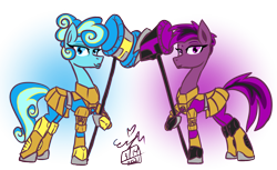 Size: 1264x775 | Tagged: safe, artist:erenerakhard, derpibooru import, oc, oc only, oc:ferrum forge, oc:hammer forge, earth pony, pony, armor, bionicle, digital art, earth pony oc, eye scar, female, hammer, lego, reference, scar, siblings, simple background, sisters, transparent background