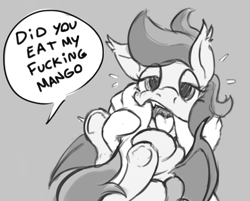 Size: 1094x879 | Tagged: artist needed, safe, derpibooru import, oc, oc only, bat pony, human, pony, dialogue, fangs, female, finger in mouth, implied mango, mare, speech bubble, underhoof, vulgar