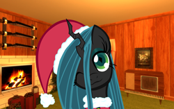 Size: 1720x1080 | Tagged: safe, derpibooru import, edit, editor:tcgamebot, queen chrysalis, changeling, changeling queen, christmas, clothes, costume, cute, cutealis, female, fire, fireplace, gift box, hat, head tilt, holiday, looking at you, old tv, one eye closed, santa hat, solo, weapon, wink