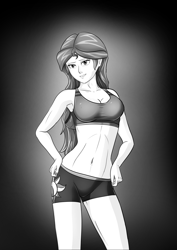 Size: 4961x7016 | Tagged: safe, alternate version, artist:symptom99, derpibooru import, sunset shimmer, equestria girls, belly button, clothes, monochrome, sports, sports bra