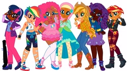 Size: 3577x2007 | Tagged: artist needed, safe, anonymous artist, derpibooru import, applejack, fluttershy, pinkie pie, rainbow dash, rarity, sci-twi, sunset shimmer, twilight sparkle, human, equestria girls, alternate hairstyle, applejack's hat, bandage, bandaid, belt, boots, choker, clothes, cowboy boots, cowboy hat, dark skin, ear piercing, earring, eyebrow piercing, female, fingerless gloves, flannel, gloves, hairband, hat, high heel boots, hijab, humane five, humane seven, humane six, humanized, islam, islamashy, jacket, jeans, jewelry, judaism, leather jacket, lip piercing, necklace, nose piercing, nose ring, open mouth, pants, piercing, religion, ripped jeans, ripped pants, scar, shoes, shorts, simple background, skirt, sneakers, spiked choker, sports bra, sports shorts, star of david, stockings, tanktop, tattoo, thigh highs, torn clothes, vitiligo, white background, wristband