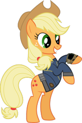 Size: 900x1350 | Tagged: safe, artist:patec, artist:ponygamer2020, derpibooru import, applejack, earth pony, pony, fallout equestria, applejack's hat, bipedal, clothes, cowboy hat, fallout, female, hat, jumpsuit, mare, pipboy, simple background, smiling, solo, teeth, transparent background, vault suit, vector