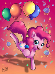 Size: 1280x1707 | Tagged: safe, artist:star-shiner, derpibooru import, pinkie pie, earth pony, pony, balloon, confetti, cupcake, female, food, high res, hoof hold, looking at you, mare, open mouth, solo