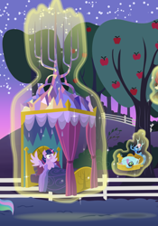 Size: 2016x2880 | Tagged: safe, anonymous artist, derpibooru import, princess celestia, spike, twilight sparkle, twilight sparkle (alicorn), alicorn, dragon, pony, series:fm holidays, apple, apple tree, bed, blanket, daylight savings, female, frown, levitation, magic, mare, offscreen character, spread wings, sunrise, sweet apple acres, telekinesis, tree, wings