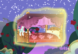 Size: 1872x1296 | Tagged: safe, anonymous artist, derpibooru import, rarity, pony, unicorn, series:fm holidays, apple, apple tree, bed, daylight savings, female, frown, hair curlers, implied princess celestia, levitation, magic, mare, mud mask, offscreen character, solo, sunrise, sweet apple acres, telekinesis, tree, wavy mouth