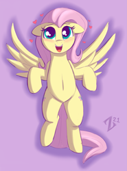 Size: 1587x2148 | Tagged: safe, artist:heretichesh, derpibooru import, fluttershy, pegasus, pony, belly, blushing, cute, daaaaaaaaaaaw, ears, female, floating heart, floppy ears, flying, give her a hug, happy, heart, looking at you, mare, open mouth, purple background, shyabetes, simple background, solo, spread wings, wings