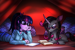 Size: 1800x1200 | Tagged: safe, artist:redahfuhrerking, derpibooru import, oleander, sci-twi, twilight sparkle, pony, them's fightin' herds, equestria girls, book, clothes, glasses, lying down, pajamas, pillow, ponyloaf, prone, tablet, tent