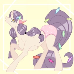 Size: 1600x1600 | Tagged: safe, artist:assfecal, derpibooru import, oc, oc only, pony, unicorn, abstract background, candy, clothes, ear piercing, earring, female, food, horn, jewelry, mare, panties, piercing, raised hoof, raised leg, solo, underwear, unicorn oc