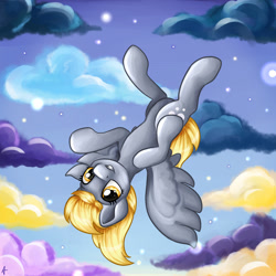 Size: 2200x2200 | Tagged: safe, artist:appleneedle, derpibooru import, derpy hooves, pegasus, pony, cloud, cute, derpabetes, derpy being derpy, female, flying, grin, mare, redraw, sky, smiling, solo, upside down