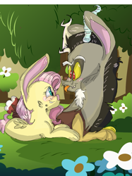 Size: 899x1200 | Tagged: safe, artist:cocolove2176, derpibooru import, discord, fluttershy, draconequus, rabbit, :p, animal, blushing, bunnified, bunnyshy, discoshy, female, flower, looking at each other, lying down, male, outdoors, prone, shipping, species swap, straight, tongue, tongue out, wings