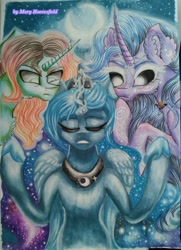 Size: 742x1024 | Tagged: safe, artist:maryhoovesfield, derpibooru import, princess luna, oc, alicorn, pony, unicorn, crescent moon, ear fluff, ears, ethereal mane, eyes closed, female, horn, mare, moon, night, outdoors, peytral, starry mane, traditional art, unicorn oc