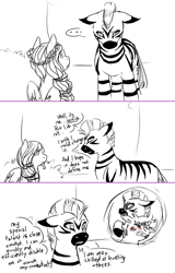 Size: 500x779 | Tagged: safe, artist:mew, derpibooru import, oc, oc:ickle muse, oc:zuberi, pegasus, pony, zebra, ask ickle muse, biting, ear bite, female, mare, monochrome