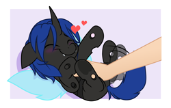 Size: 5000x3168 | Tagged: safe, artist:jhayarr23, derpibooru import, part of a set, oc, oc only, oc:swift dawn, changeling, behaving like a dog, bellyrubs, blue changeling, blushing, changeling oc, commission, cute, cuteling, ears, eyebrows visible through hair, fangs, floppy ears, frog (hoof), hand, heart, high res, leg twitch, lying down, male, motion lines, ocbetes, offscreen character, offscreen human, on back, petting, scratch reflex, simple background, smiling, solo focus, stallion, tapping, twitching, underhoof, wings, ych result