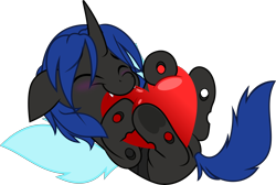 Size: 5000x3365 | Tagged: safe, artist:jhayarr23, derpibooru import, part of a set, oc, oc only, oc:swift dawn, changeling, balloon, blue changeling, blushing, changeling oc, commission, cute, cuteling, ears, eyebrows visible through hair, eyes closed, fangs, floppy ears, frog (hoof), happy, heart, high res, lying down, male, on back, simple background, solo, stallion, transparent background, underhoof, wings, ych result