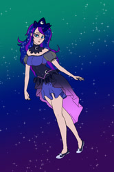 Size: 900x1353 | Tagged: safe, artist:slamjam, derpibooru import, princess luna, human, clothes, crown, dress, horn, horned humanization, humanized, jewelry, regalia, ring, shoes, solo, starry hair, stars
