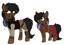 Size: 2020x1408 | Tagged: safe, artist:rokosmith26, derpibooru import, oc, oc only, earth pony, pony, clothes, collar, dress, duo, duo female, female, females only, filly, freckles, hair over one eye, mare, pants, red eyes, shirt, siblings, simple background, sisters, slave, slave collar, smiling, standing, transparent background
