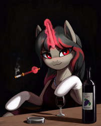 Size: 3210x3993 | Tagged: safe, artist:mrscroup, oc, oc only, oc:elusive heart, anthro, pony, semi-anthro, unicorn, alcohol, black dress, bottle, cigarette, cigarette holder, clothes, coat markings, dress, female, glass, jewelry, levitation, long gloves, looking at you, magic, mare, necklace, red magic, smoking, socks (coat marking), solo, telekinesis, wine, wine bottle, wine glass