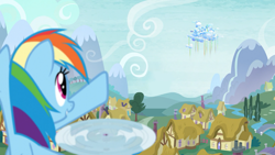Size: 1920x1080 | Tagged: safe, edit, edited screencap, screencap, rainbow dash, tank, pegasus, pony, tanks for the memories, cloudsdale, female, mare, pointing, ponyville, solo focus