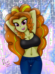 Size: 3000x4000 | Tagged: safe, artist:danielitamlp, adagio dazzle, equestria girls, abstract background, arm behind head, armpits, belly button, breasts, cleavage, clothes, female, jeans, looking at you, open mouth, pants, smiling, solo, tanktop