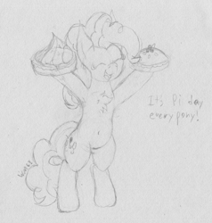 Size: 2477x2600 | Tagged: safe, artist:wapamario63, pinkie pie, earth pony, pony, bipedal, chest fluff, cute, dialogue, eyes closed, food, happy, monochrome, open mouth, pi day, pie, sketch, solo, traditional art