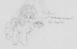 Size: 3234x2040 | Tagged: safe, artist:wapamario63, pinkie pie, earth pony, pony, cute, dialogue, female, food, happy, implied anon, looking at you, mare, monochrome, pie, sketch, solo, traditional art