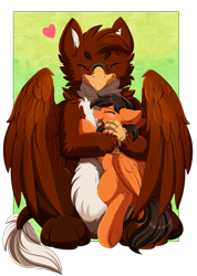 Size: 2850x4009 | Tagged: safe, artist:pridark, oc, oc only, griffon, pegasus, pony, chest fluff, commission, cute, daaaaaaaaaaaw, duo, eyes closed, fluffy, glasses, heart, high res, hug, ocbetes, open mouth, sitting, size difference, underhoof