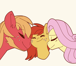 Size: 768x669 | Tagged: safe, artist:little-tweenframes, edit, big macintosh, fluttershy, oc, oc:sunny days, earth pony, pegasus, pony, beard, bust, cropped, eyes closed, family, father and child, father and daughter, female, filly, fluttermac, freckles, male, mare, mother and child, mother and daughter, nuzzling, offspring, orange coat, orange mane, parent and child, parent:big macintosh, parent:fluttershy, parents:fluttermac, pink mane, red coat, red mane, shipping, simple background, stallion, straight, white background, yellow coat