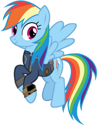 Size: 1024x1314 | Tagged: safe, artist:andoanimalia, artist:ponygamer2020, derpibooru import, rainbow dash, pegasus, pony, fallout equestria, clothes, fallout, female, flying, jumpsuit, mare, pipboy, simple background, solo, transparent background, vault suit, vector
