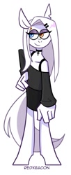 Size: 495x1208 | Tagged: safe, artist:redxbacon, derpibooru import, oc, oc only, oc:rubber bunny, anthro, earth pony, unguligrade anthro, clothes, female, heterochromia, long sleeve shirt, simple background, skirt, solo, white background