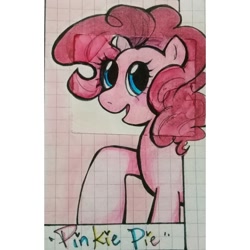 Size: 1080x1080 | Tagged: safe, alternate version, artist:_hey.im.hachi_, derpibooru import, pinkie pie, earth pony, pony, eyelashes, female, graph paper, mare, open mouth, raised hoof, raised leg, smiling, solo, traditional art