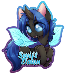 Size: 1040x1200 | Tagged: safe, artist:onnanoko, derpibooru import, oc, oc only, oc:swift dawn, changeling, earth pony, pony, badge, blue changeling, changeling oc, con badge, cute, eyebrows visible through hair, fangs, food, grin, horn, looking at you, male, name, ocbetes, simple background, smiling, solo, stallion, transparent background, wings