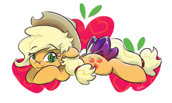 Size: 5000x3000 | Tagged: safe, artist:dilarus, ponerpics import, applejack, absurd resolution, deleted from derpibooru, prone, simple background, smiling, solo, tail bow, transparent background