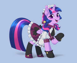 Size: 3564x2918 | Tagged: safe, artist:taytinabelle, derpibooru import, twilight sparkle, twilight sparkle (alicorn), alicorn, pony, apron, blue background, blushing, bow, clothes, cute, cutie mark accessory, dress, ear fluff, ears, female, gradient background, happy, hat, looking at you, maid, maid outfit, mare, necktie, pigtails, pleated skirt, raised hoof, raised leg, shoes, simple background, skirt, smiling, socks, solo