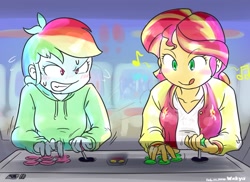 Size: 1464x1067 | Tagged: safe, artist:wakyaot34, derpibooru import, rainbow dash, sunset shimmer, equestria girls, arcade, arcade game, clothes, duo, hoodie, playing, sweat, sweatdrop, tongue, tongue out