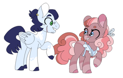 Size: 800x512 | Tagged: safe, artist:just-evs, artist:selenaede, derpibooru import, pinkie pie, soarin', earth pony, pegasus, pony, apron, base used, clothes, ear piercing, earring, female, jewelry, male, mare, piercing, redesign, shipping, simple background, soarinpie, stallion, straight, white background