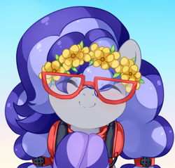 Size: 948x906 | Tagged: safe, artist:loyaldis, derpibooru import, oc, oc only, oc:cinnabyte, earth pony, pony, adorkable, commission, cute, dork, eyes closed, female, floral head wreath, flower, gaming headset, glasses, gradient background, happy, headphones, headset, mare, ocbetes, smiling, your character here