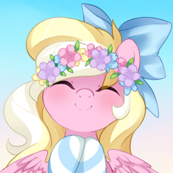 Size: 1000x1000 | Tagged: safe, artist:loyaldis, derpibooru import, oc, oc only, oc:bay breeze, pegasus, pony, blushing, bow, clothes, cute, eyes closed, female, floral head wreath, flower, hair bow, happy, mare, ocbetes, smiling, socks, striped socks