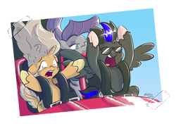 Size: 4355x3118 | Tagged: safe, artist:dilarus, ponerpics import, maud pie, oc, oc:8-bit, oc:autumn oak, deleted from derpibooru, group photo, roller coaster