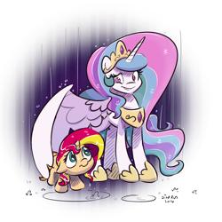 Size: 4000x4000 | Tagged: safe, artist:dilarus, ponerpics import, princess celestia, sunset shimmer, alicorn, pony, unicorn, cute, cutelestia, deleted from derpibooru, female, filly, filly sunset shimmer, momlestia, rain, shimmerbetes, smiling, wing umbrella