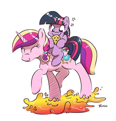 Size: 2868x3000 | Tagged: safe, artist:dilarus, ponerpics import, princess cadance, twilight sparkle, alicorn, pony, unicorn, cookie, cute, deleted from derpibooru, fanfic, fanfic art, female, filly, filly twilight sparkle, food, imagination, lava, mare, ponies riding ponies, simple background, the floor is lava, transparent background, twiabetes, weapons-grade cute