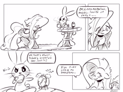 Size: 4000x3000 | Tagged: safe, artist:dilarus, ponerpics import, angel bunny, fluttershy, comic:the best of intentions, black and white, comic, deleted from derpibooru, grayscale, monochrome