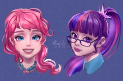 Size: 1145x750 | Tagged: safe, artist:w33484365, derpibooru import, part of a set, pinkie pie, sci-twi, twilight sparkle, human, alternate hairstyle, bust, female, glasses, humanized, realistic