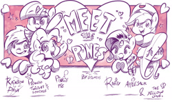 Size: 2400x1421 | Tagged: safe, artist:dilarus, ponerpics import, applejack, fluttershy, pinkie pie, rainbow dash, rarity, twilight sparkle, twilight sparkle (alicorn), alicorn, pony, abuse, deleted from derpibooru, female, logo, mane six, mare, meet-the-pones