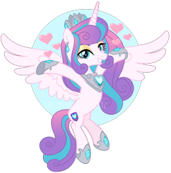 Size: 2512x2544 | Tagged: safe, artist:interstellar-quartz, derpibooru import, princess flurry heart, alicorn, pony, blue eyes, crystal, cutie mark, female, heart, horn, horseshoes, jewelry, lidded eyes, looking at you, multicolored mane, multicolored tail, older, older flurry heart, peytral, pink coat, simple background, smiling, solo, tiara, transparent background, wings