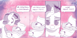 Size: 4000x2000 | Tagged: safe, artist:dilarus, ponerpics import, applejack, rarity, bedroom eyes, blushing, clueless, comic, deleted from derpibooru, female, lesbian, meet-the-pones, on back, one sided shipping, rarijack, shipping, that pony sure does love freckles